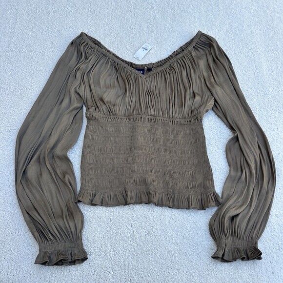 Gap Tops - Gap Smocked Off-Shoulder Top Balloon Sleeve Olive Peasant Blouse - M